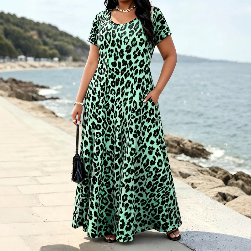 2026 Summer Best-Selling Leopard Print Dress European and American Cross-Border Amazon Round Neck Pocket Plus Size Dress