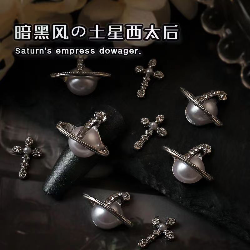 Nail Art Accessories in the Same Style as Empress Dowager Cixi: Saturn Pearl Cross Plated Nail Pearl Rhinestone Nail Art Accessories Hot-Selling Item