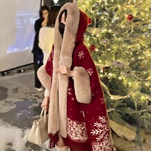 秋冬新款宽松格纹加绒加厚毛领针织披肩斗篷女毛呢披肩外套