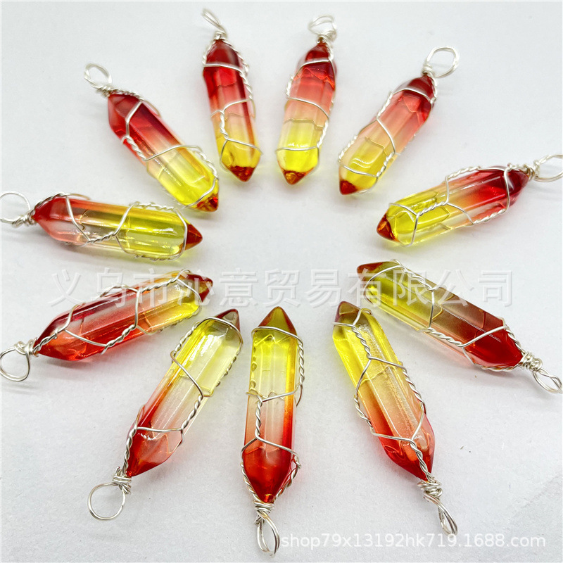 Comercio exterior caliente bobina hexagonal columna colgante collar de cristal natural hecho a mano de plata hilo bala joyería al por mayor