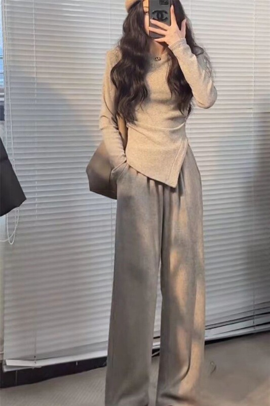 韩版收腰休闲秋款修身时尚上衣显瘦套装新款不规则直筒T恤两件套|undefined