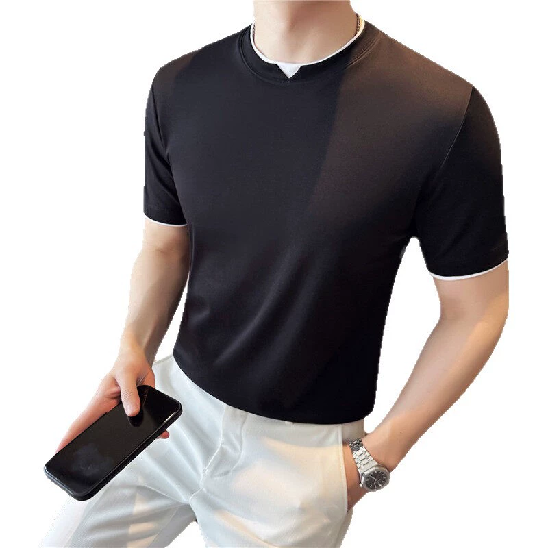 Удобная качественная хлопковая футболка из ледяного шелка для папы среднего и пожилого возраста, новая мужская дышащая футболка с короткими рукавами из двух частей, тонкий топ