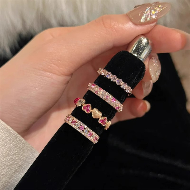 Autumn and Winter New Mid-ancient Style Pink Diamond Love Ring Women's Niche All-match Finger Ring Light Luxury High-end Open Ring