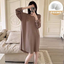 春秋新款睡衣女带胸垫人棉可外穿宽松休闲简约宿舍时尚家居服裙