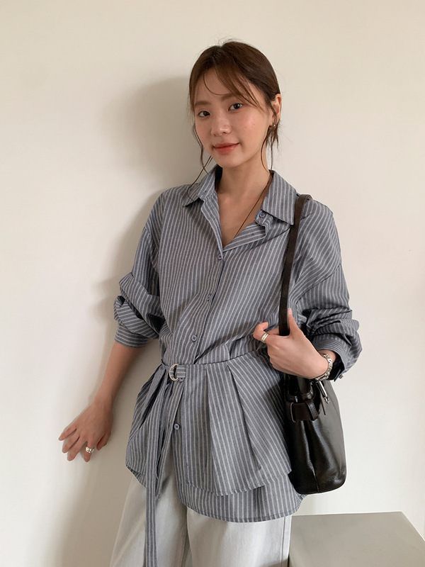 广州十三行2025秋韩系修身系带围裙套装休闲长袖条纹衬衫女02749|undefined