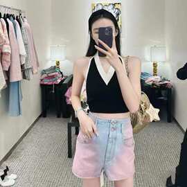 24C早春小香高腰渐变色荧光贴片阔腿牛仔短裤 女士纽扣双口袋设计