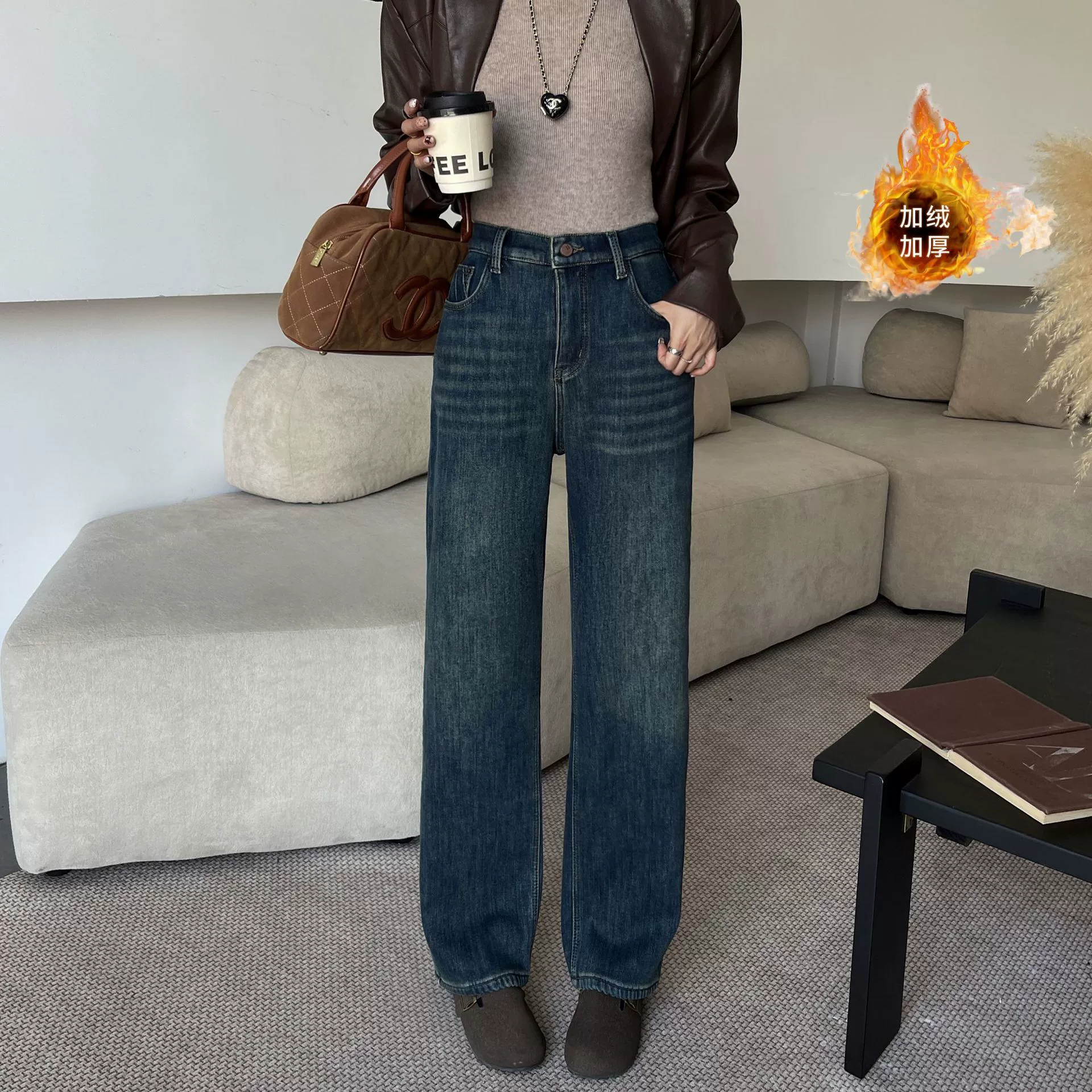 Осенние демисезонные флисовые джинсовые casual брюки, большой размер, slim/облегающие, свободный прямой покрой, оверсайз