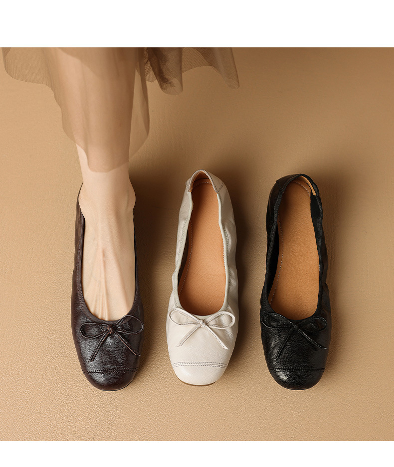 Giày ballet nữ mũi tròn đế bệt da cừu mềm nơ bướm — Màu nâu chi tiết 2