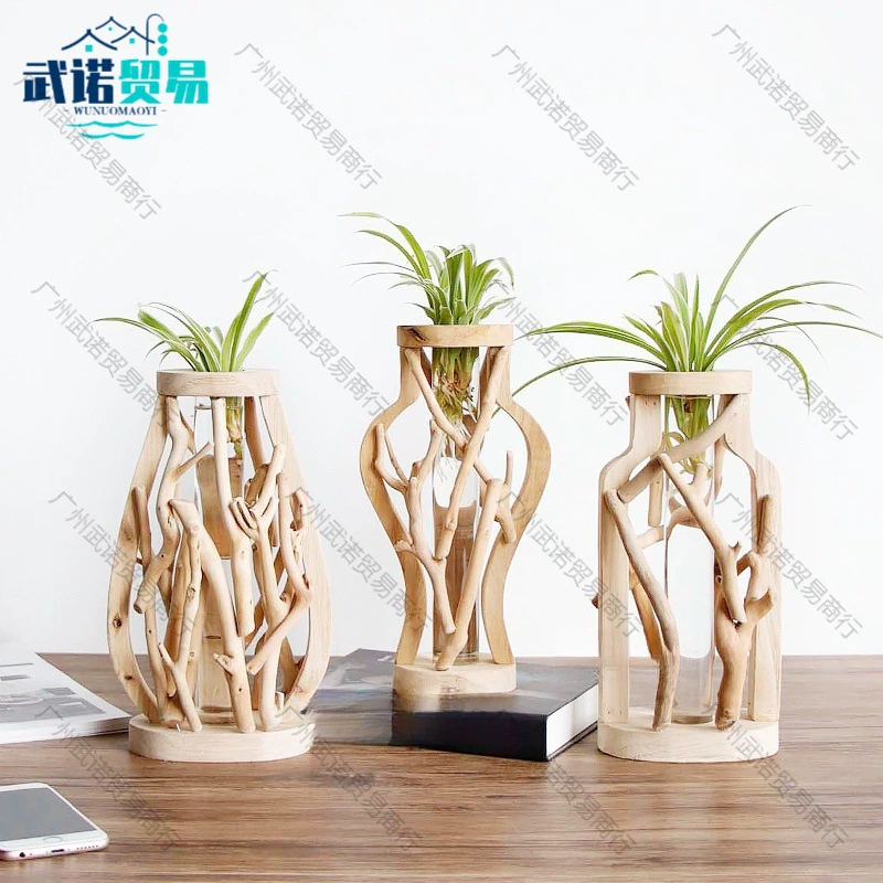 Handmade solid wooden small vase landscape landscape solid wood flower hydroponic trial pipe rural mini potted creativity