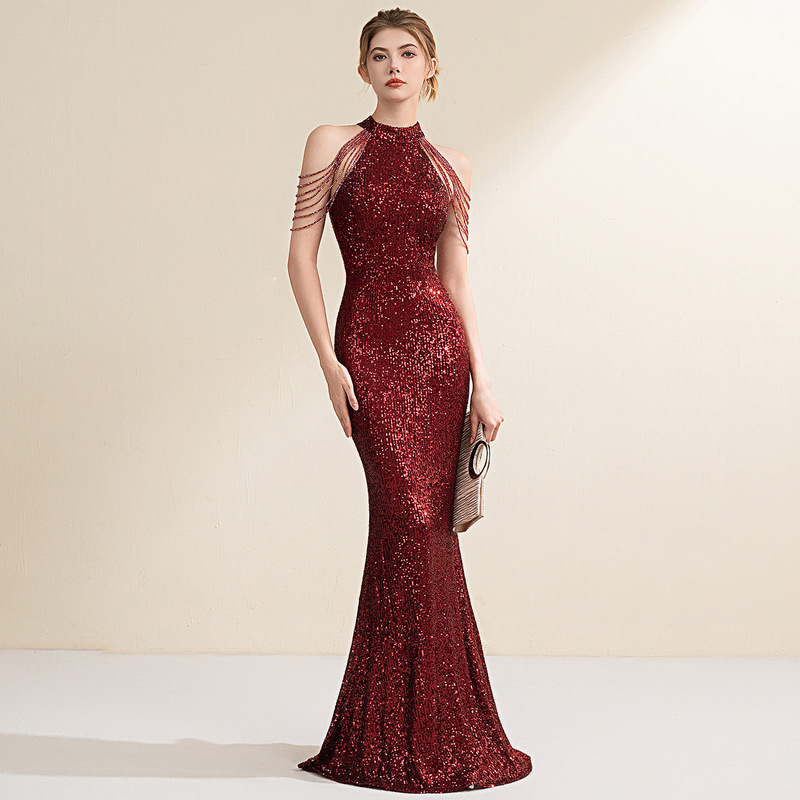Evening dress women's high-end light luxury dinner elegant socialite high-end banquet high-end sequined fishtail long dress