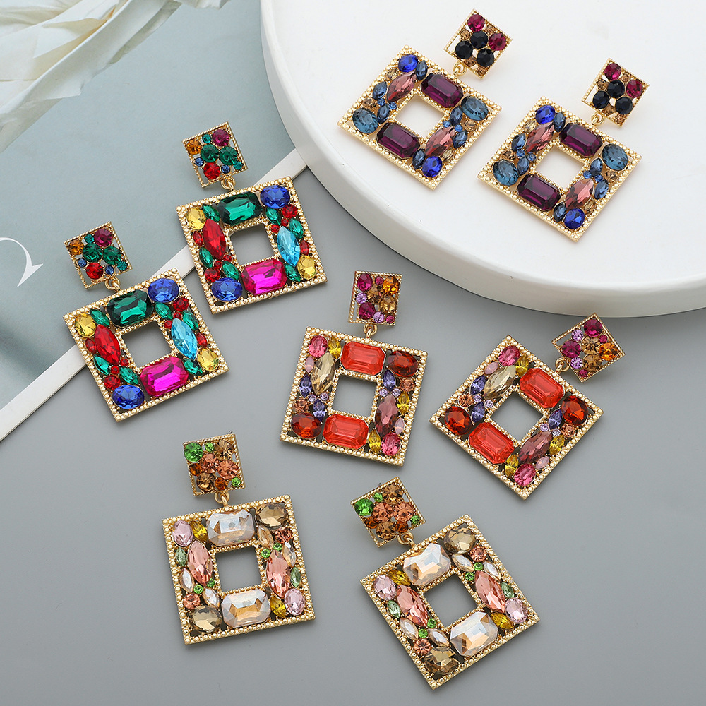38g Weight Artificial Diamond Inlay Material Drop Earrings Classification 1 Pair Fashion Square Inlay Metal Artificial Diamond Drop Earrings