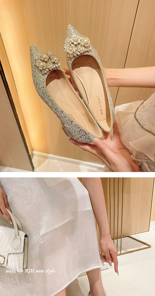 Giày cao gót nữ mũi nhọn khóa vuông đính đá, đế bằng độn gót bên trong — Màu bạc, Màu vàng chi tiết 11