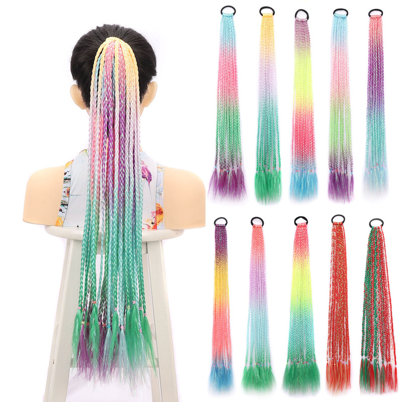 Colorful Radium Large Braid Hair 12 Small Braids Pony Tail Punk Hip-Hop Colorful Three-Strap Wig