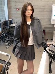 短款美式外套长袖新款春秋复古灰色休闲设计夹克高级棒球宽松上衣