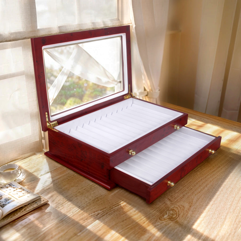 现货25位木质钢笔收纳盒双层抽拉钢笔盒包装盒天地盖钢笔盒礼品盒