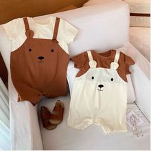 婴儿连体衣短袖哈衣夏装套装宝宝可爱假两件背带款爬服新生儿纯棉