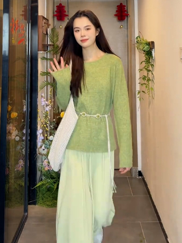 小香风绿色针织毛衣连衣裙子女2025早秋季新款韩系穿搭一整套长裙|undefined