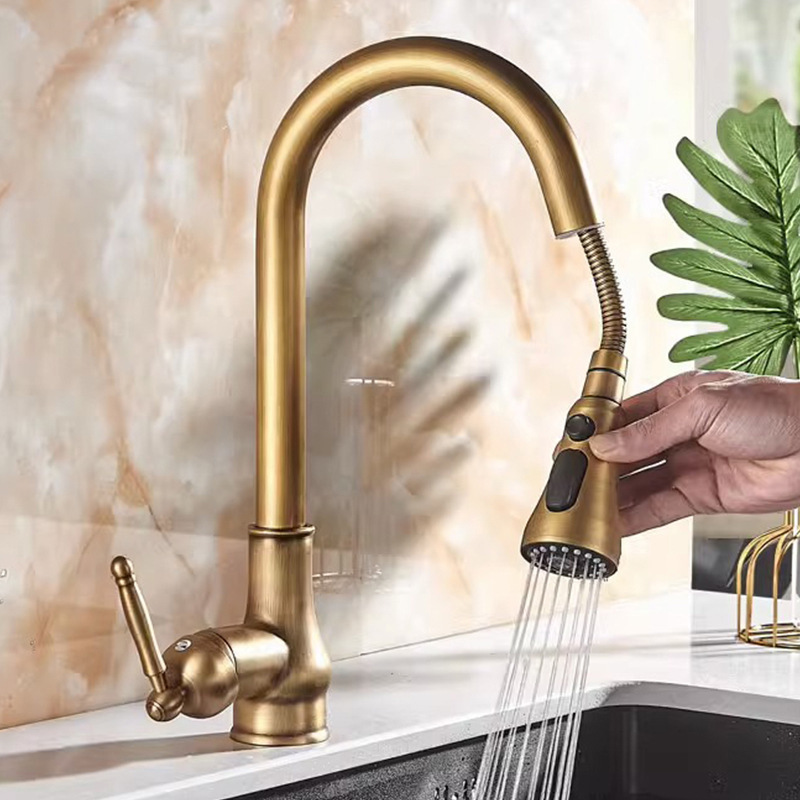 French-Style Copper Vintage European Pull-Out Faucet Antique Sink Retractable Dishwashing Sink Kitchen Sink Hot and Cold Faucet