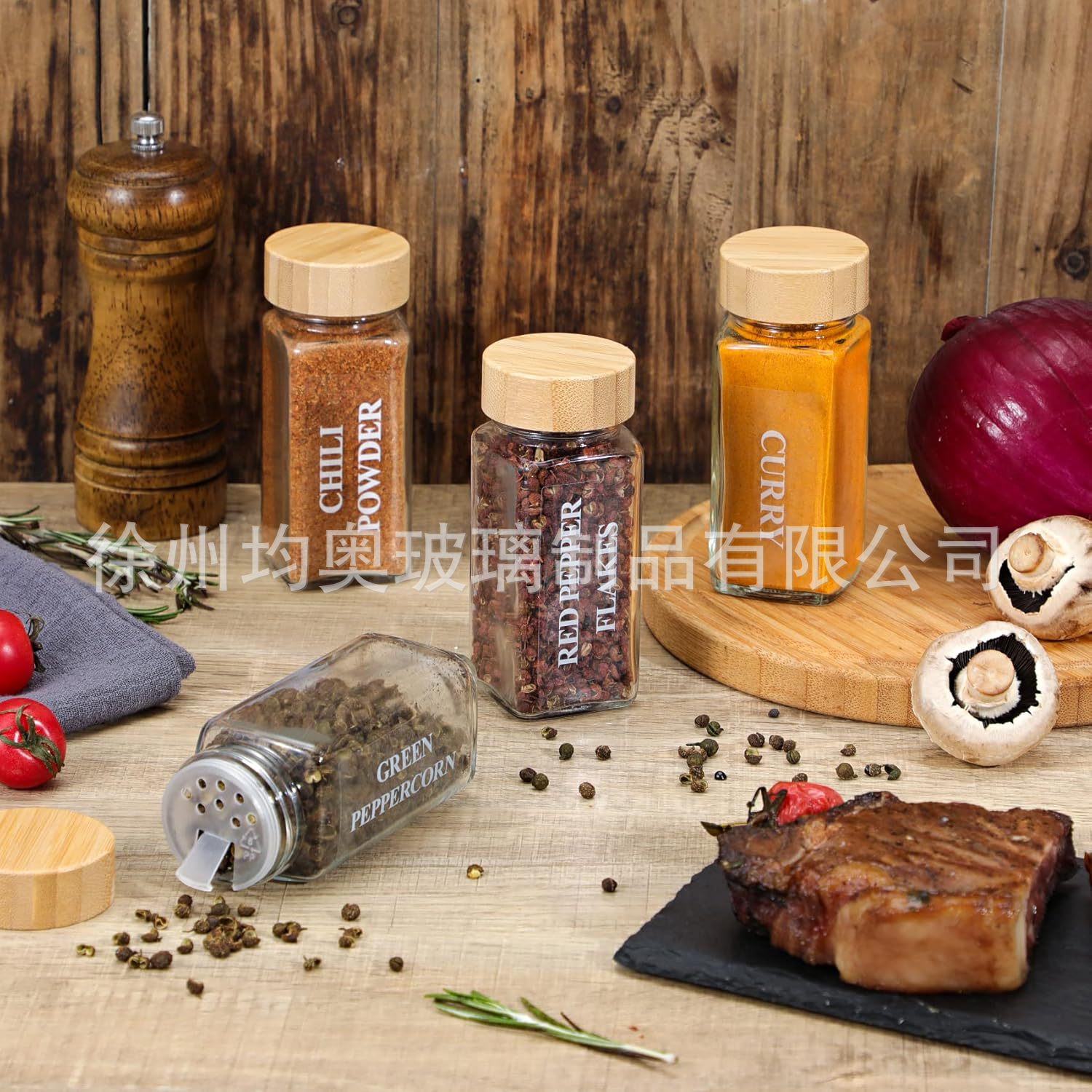 Botella de condimento de tapa de bambú cuadrada, botella pequeña, 24 botellas de condimento, cocina, conjunto completo de caja de condimento de vidrio de acacia, lote