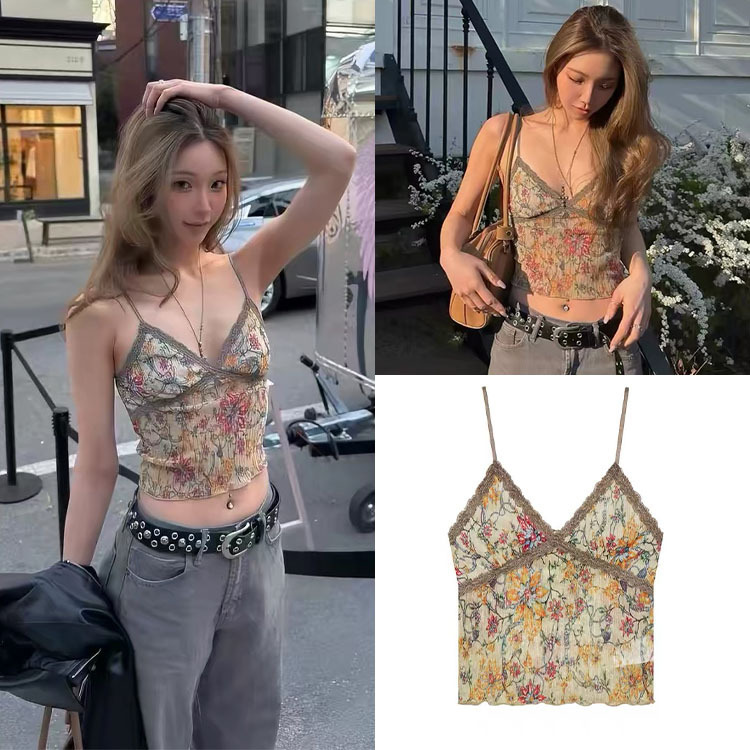 Fan Sun·Xh Korean Blogger's Same Style Retro Floral Camisole Dongdaemun New Summer Lace-Trimmed V-Neck Tank Top