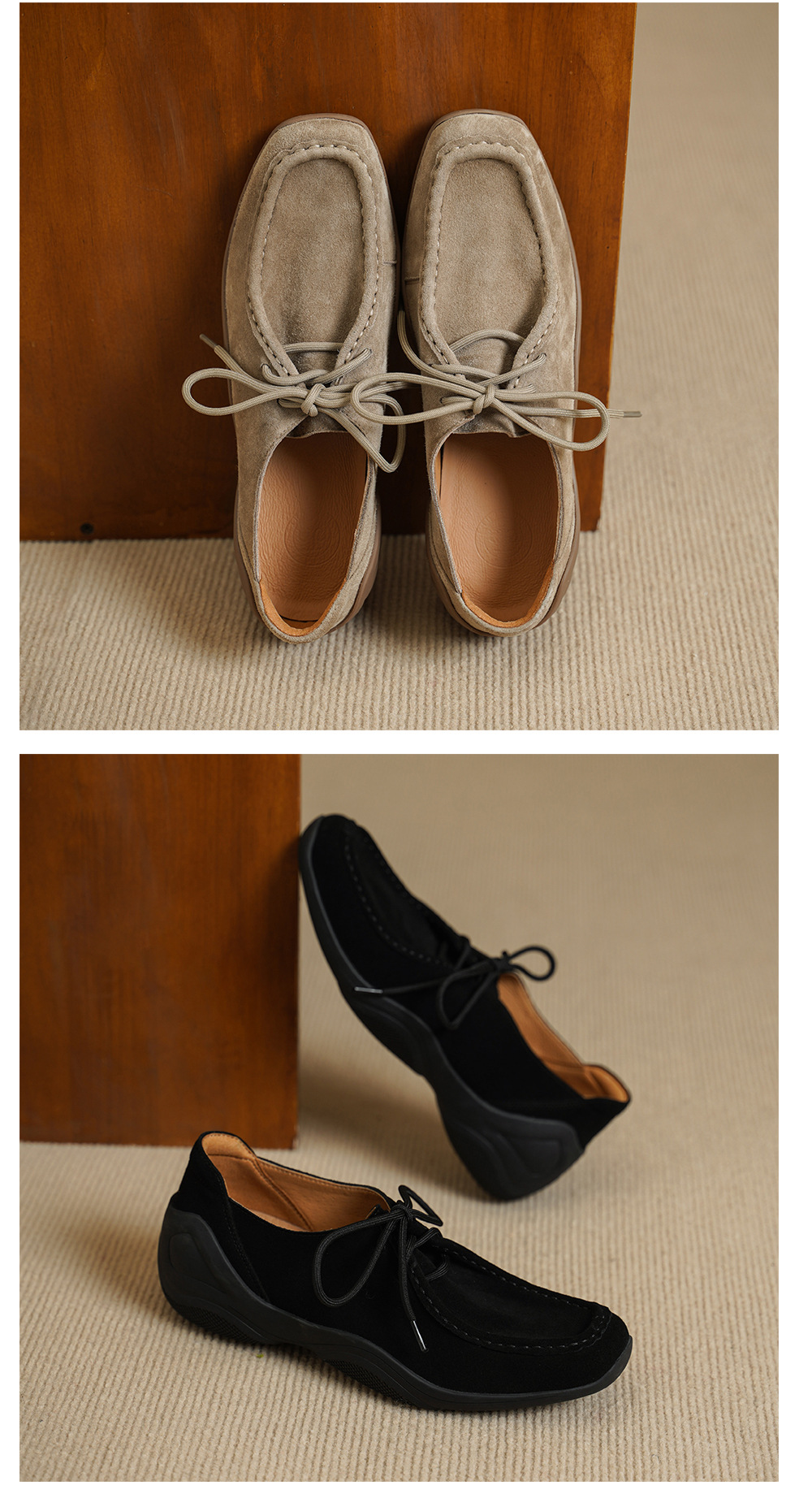 Giày lười nữ mũi vuông da cừu mềm phong cách DeTrain vintage buộc dây — đen chi tiết 12