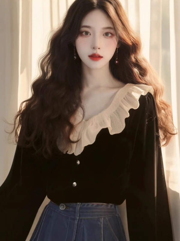 法式赫本风黑色丝绒上衣女2025早秋新款绝美荷叶边独特超好看衬衫|undefined