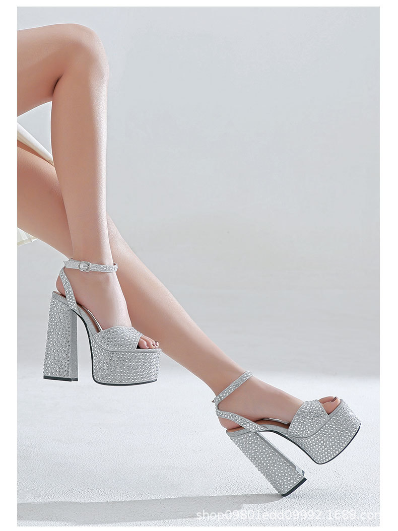 Sandal nữ siêu cao gót da thật đế dày chống trượt đính đá rhinestone gót 15 cm — Rượu sâm banh chi tiết 7