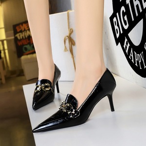 598-1 European and American Retro Fashion Women's Shoes Thin Heel High Heel Deep Mouth Pointed Metal Button Decorat