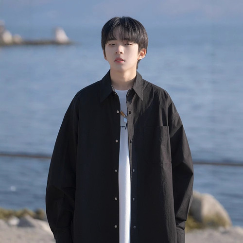 Black shirt, boys, summer, thin Japanese, solid color, long-sleeved shirt, high-end, fashionable, handsome coat, spring and autumn