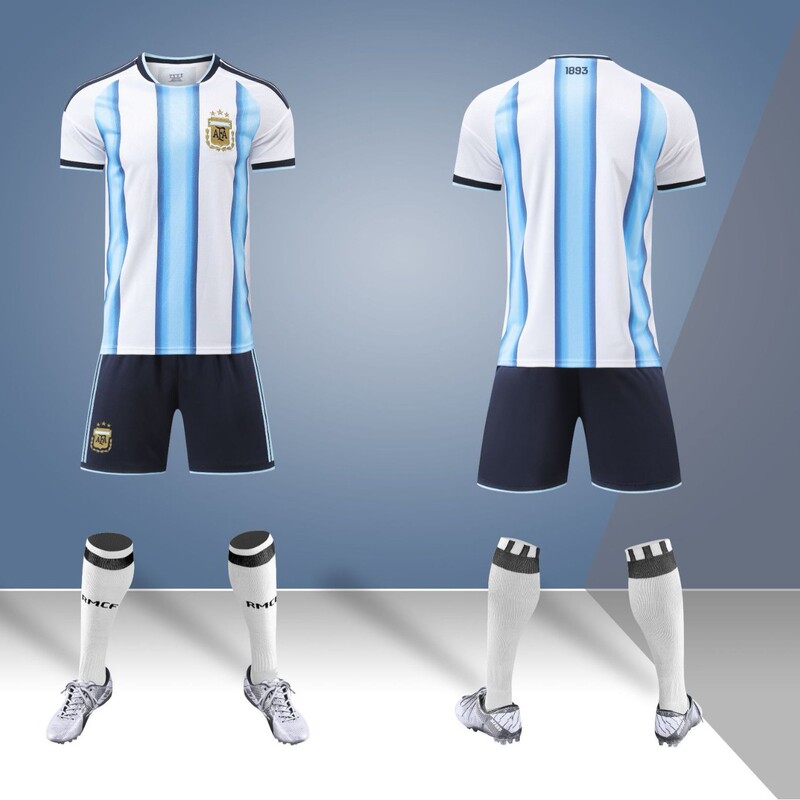 2627 Argentina Home Blue and White Football Uniform Set for Men, Women, Adults and Children, Short-Sleeved Jersey and Shorts for Football Training