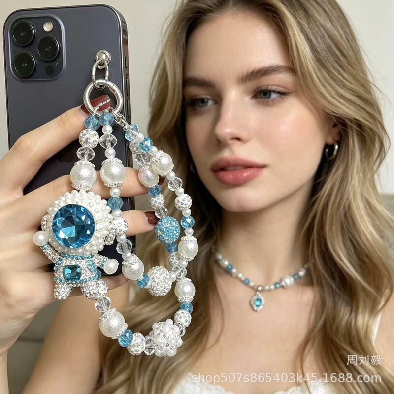 Luxury Blue Diamond Astronaut Beaded Phone Chain with Sparkling Rhinestones and Pearl Pendant, Trendy Ins-Style Bag Keychain
