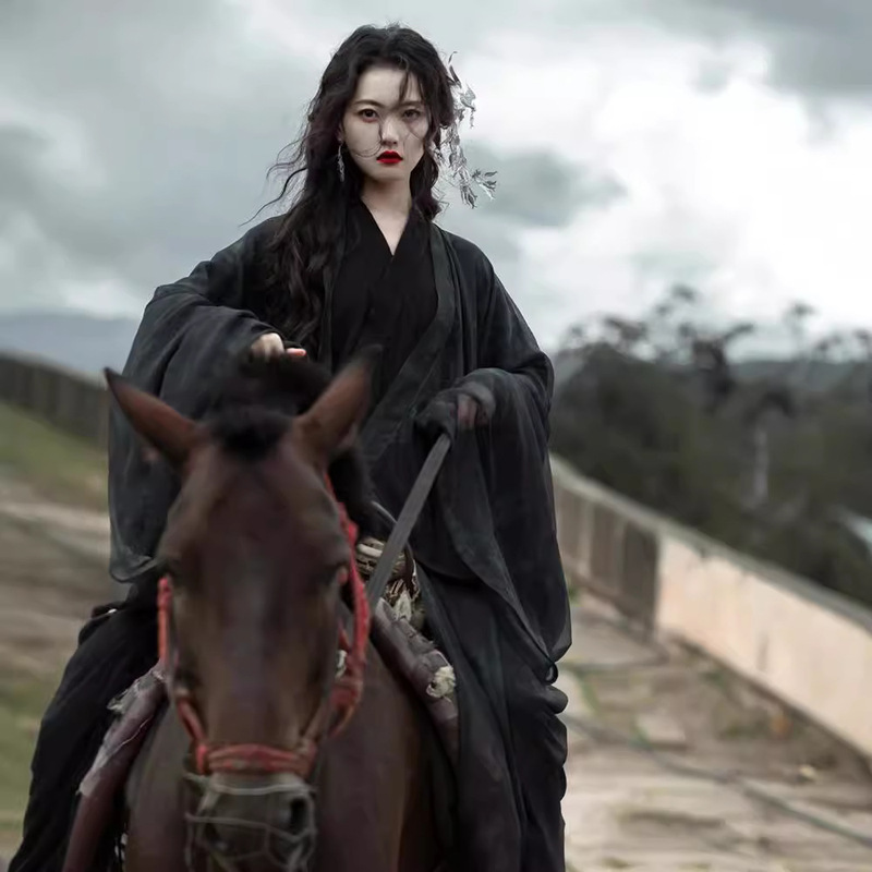 Black Han Dynasty Women's 2025 New Martial Arts Women's Ancient Style Large-Sleeved Shirt Wei and Jin Style Adult Warring States Robe Summer Black Han Dynasty Women's 2025 New Martial Arts Women's Ancient Style Large-Sleeved Shirt Wei and Jin Style Adult Warring States Robe Summer