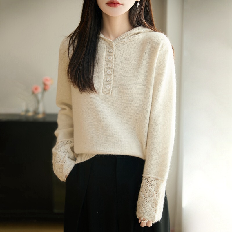 2025 New Autumn and Winter Skin-Friendly Seven-Stitch Thickeneded Hooded Knitwear Long-Sleeved Cut Out Crochet Loose Bottoming Shirt for Women