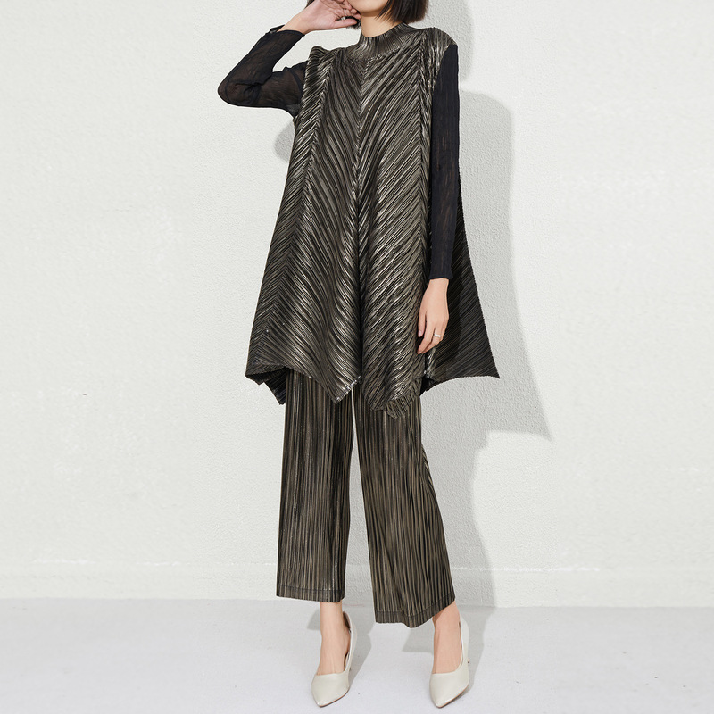 European and American high-grade pleated plus size new women's gilded dress fashion name warm high waist straight casual pants suit