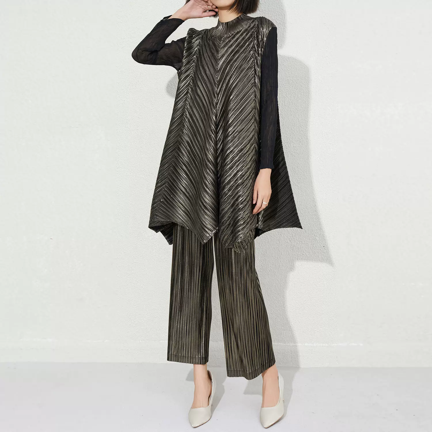 欧美高档褶皱大码新款女装烫金连衣裙时尚名暖高腰直筒休闲裤套装