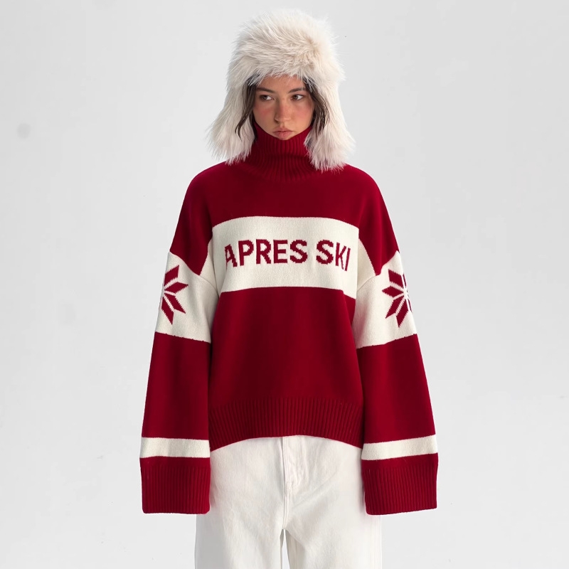 Winter Loose-Fitting Fashion Trendy Street Style Letter Color-Block Striped Christmas Sweater for Teenagers, Round Neck, Long Sleeve, Everyday Wear