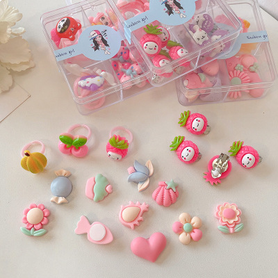 children Ring lovely princess No pierced ears Earrings girl Toys Ear clip baby Cartoon Ring gift suit