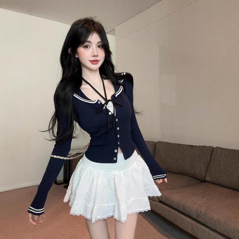 College Style Sweet Hot Girl Age-Reducing Top Women's Autumn Navy Collar Long-Sleeved Knitted Cardigan