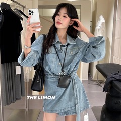 THE LIMON柠檬绿茶2025秋季港风牛仔套装绝美假两件收腰连衣裙子