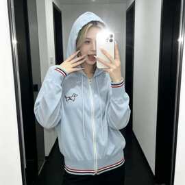 学院风减龄小狗提花拉链设计感连帽针织开衫女夏季薄款防晒衫上衣