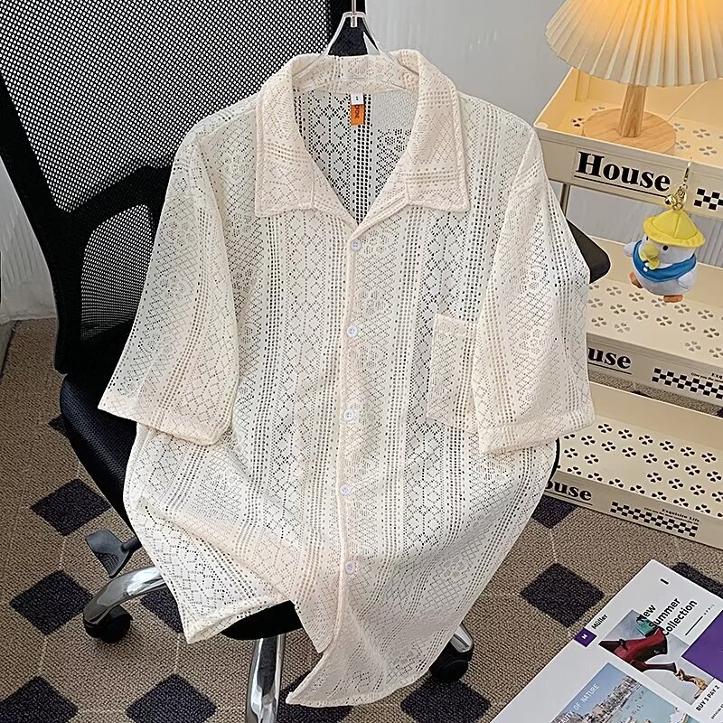 2024 Summer Hollow Lace Artistic Shirt Men's Niche Design Breathable Thin Holiday Style Casual Shirt