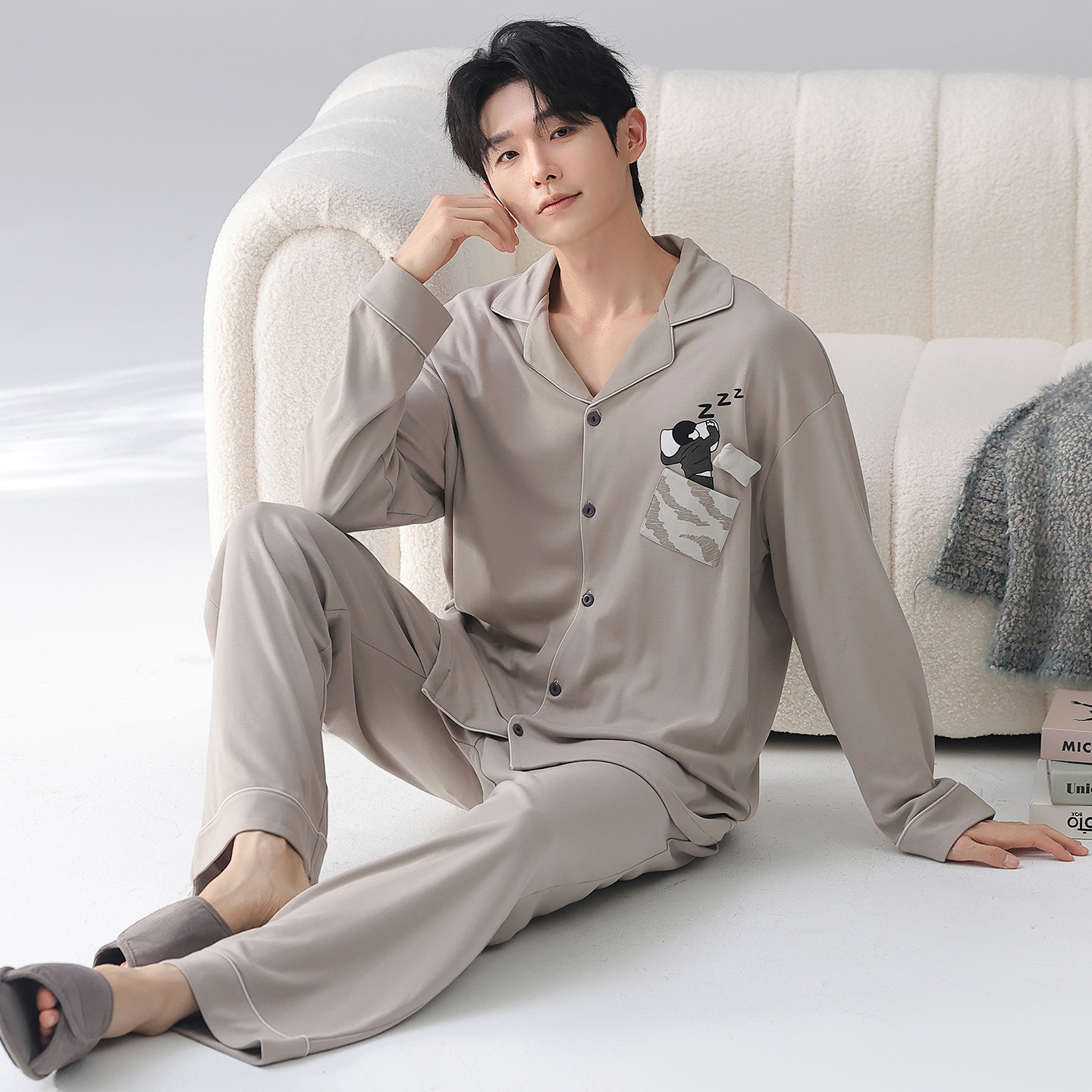 『Shi Ran』Modal Cotton Pajamas Men's New 7A Antibacterial Spring and Autumn Long Sleeve Cardigan Casual Casual Home Suit