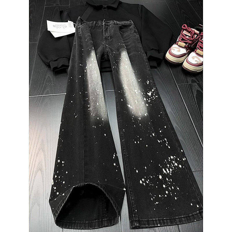 Men's Black Washed Denim Jeans Clean Fit Straight Leg Paint Splatter Print Vintage High Street Vibe Versatile Styling Base_voghion.com