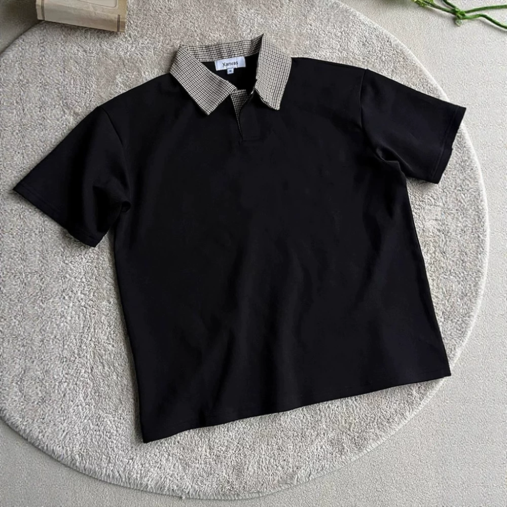 Houndstooth spliced ​​polo shirt short-sleeved men's American old money style shoulder T-shirt cleanfit lapel half sleeve