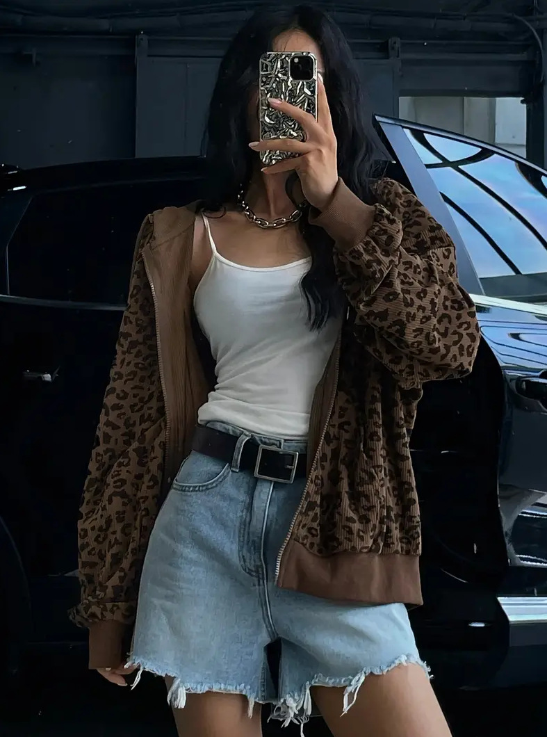 Women's Retro Leopard Print Hooded Cardigan Oversized Zip-up Jacket_voghion.com