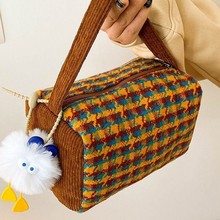 千鸟格外出百搭手提包包毛茸茸河豚手拎化妆收纳包女上班族小拎包