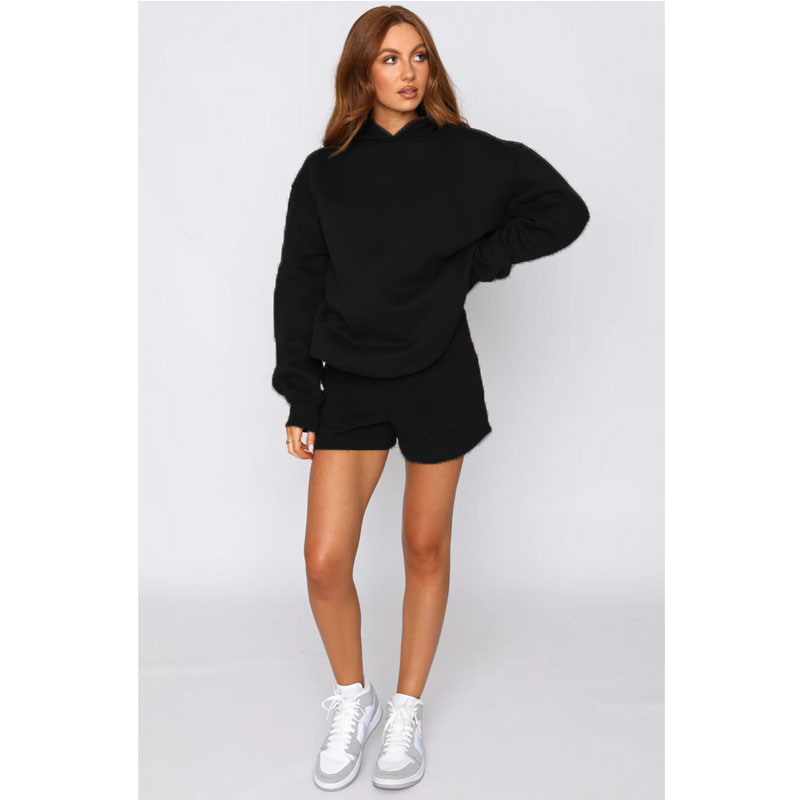 Autumn Winter Solid Color Hooded Pullover Long Sleeve Sweaters Women Clothing Shorts Suit