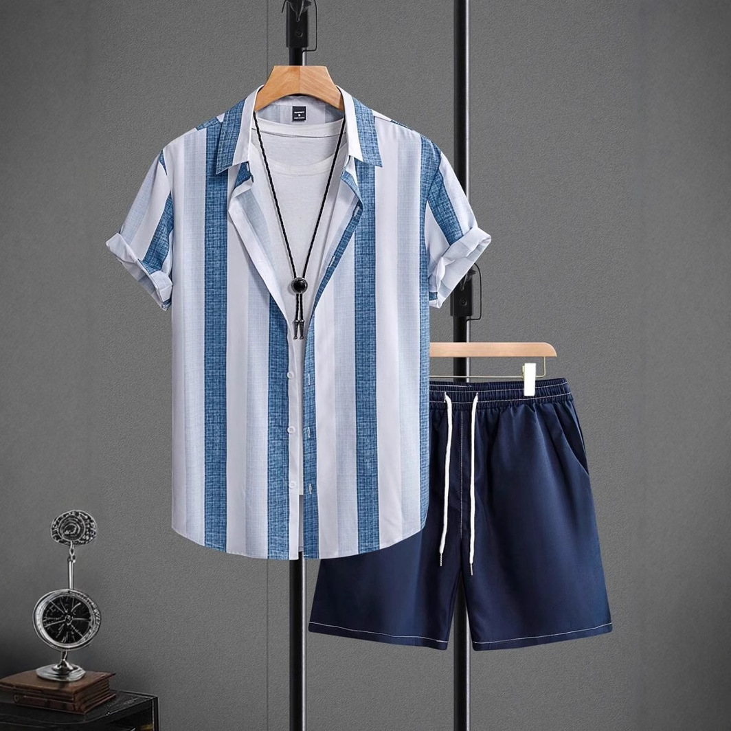 Sencillo contraste color rayas impresión 3D transfronterizo Xiyin venta caliente verano hawaiano vacaciones camisa pantalones cortos traje