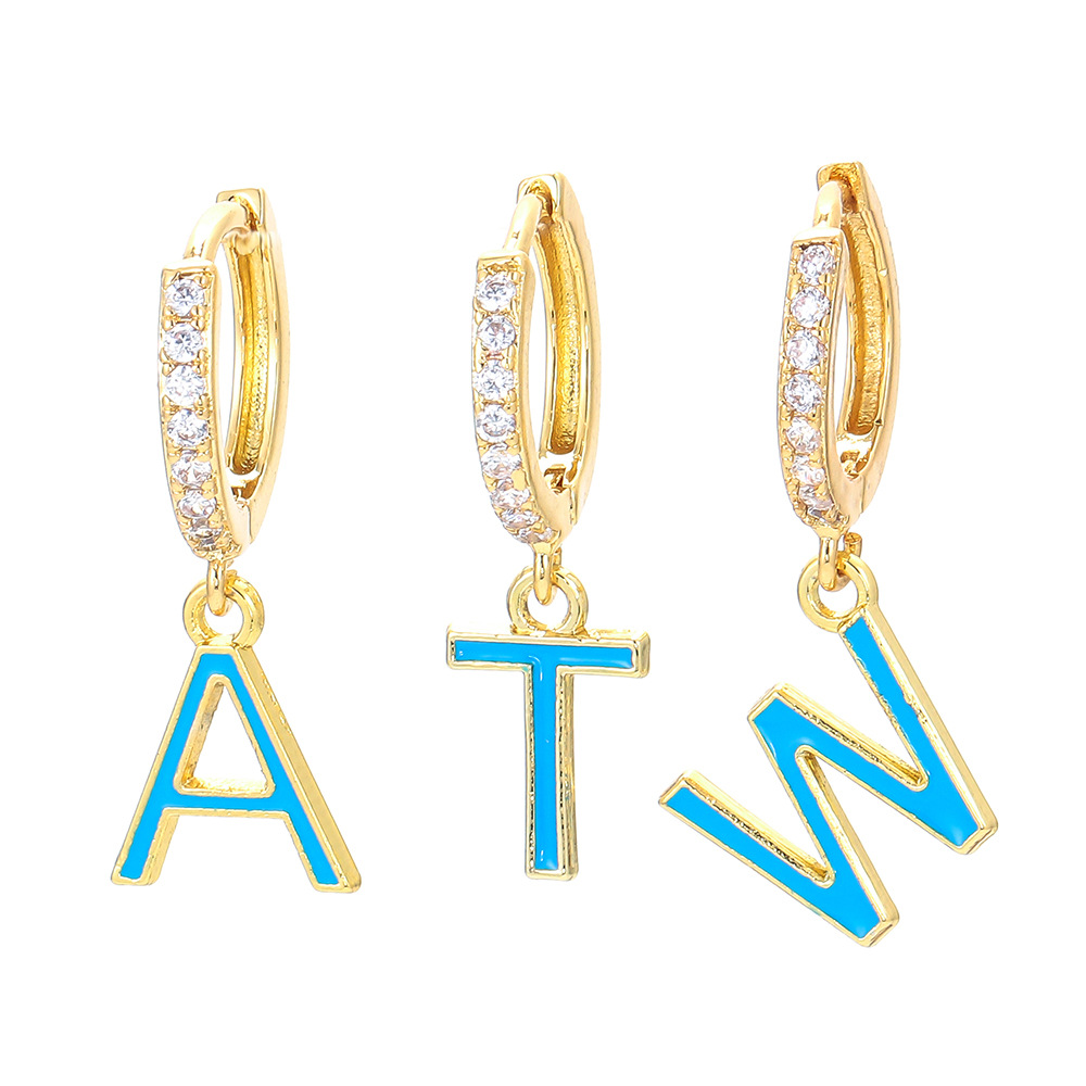 1g Weight Zircon Inlay Material Wholesale Jewelry Blue 26 English Alphabet Copper Earrings Nihaojewelry