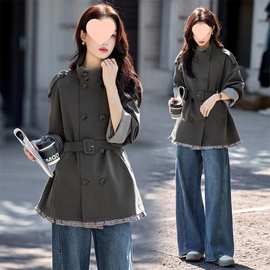 格子拼接风衣外套女短款春秋新款今年流行系带双排扣大衣